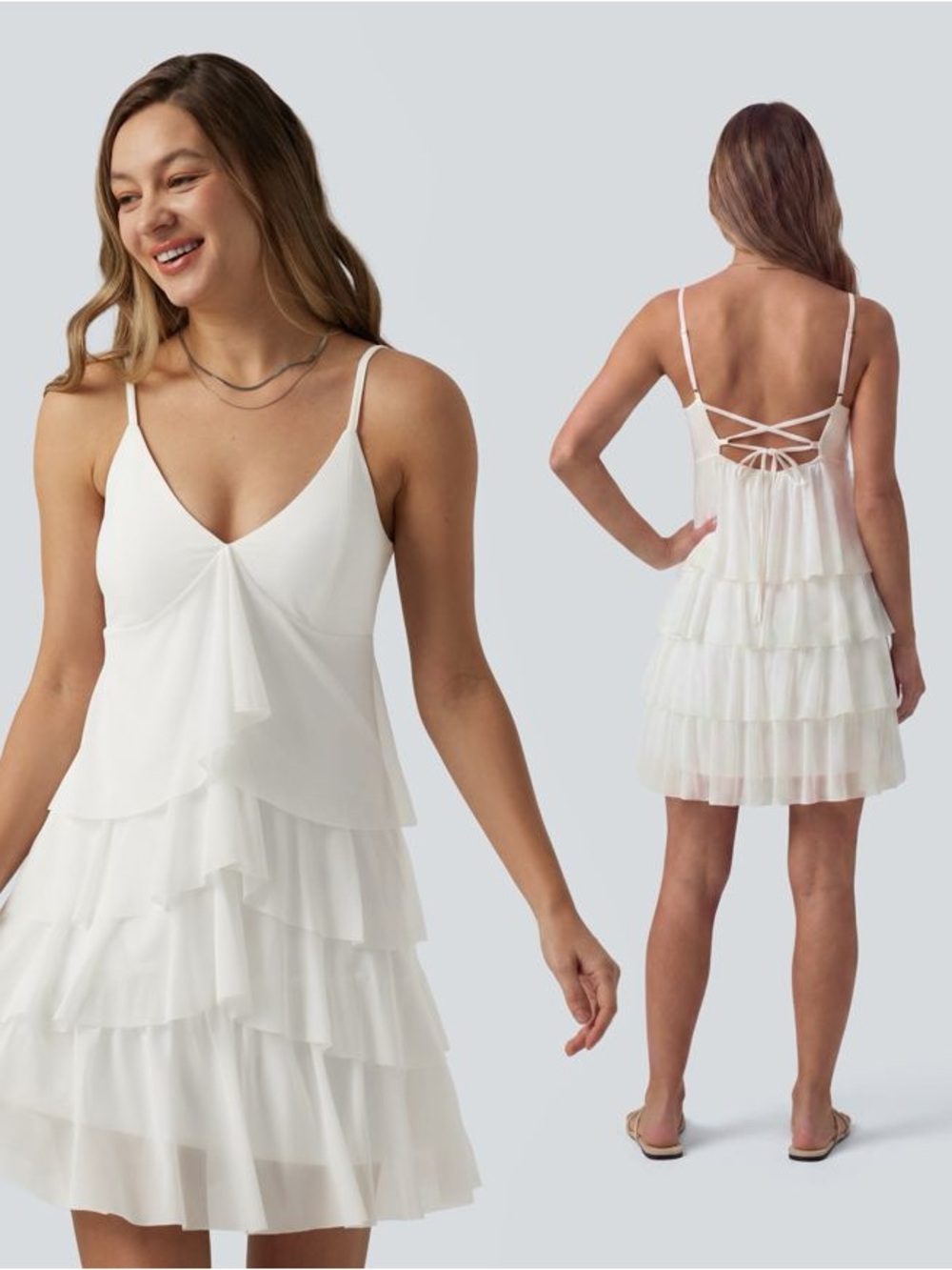 NWT/NIB Halara Crisscross Back Built-in Bra Mini Casual Tiered Mini Dress